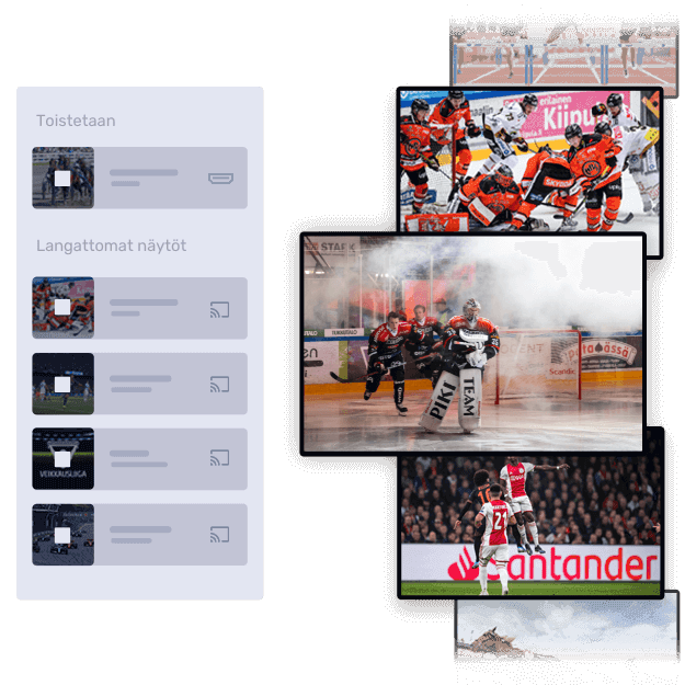 Televisioruutuja, joissa näkyy urheilulähetyksiä.