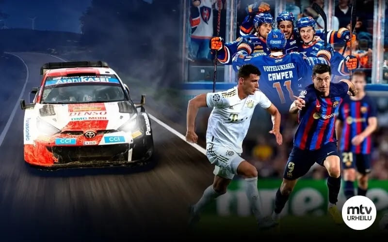 A rally car on the left side and football players on the right side. The white MTV Sports logo at the bottom right.